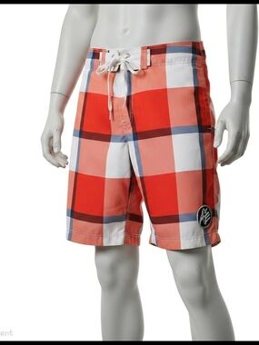 American Eagle Outfitters Red and White Plaid Swim Board Shorts